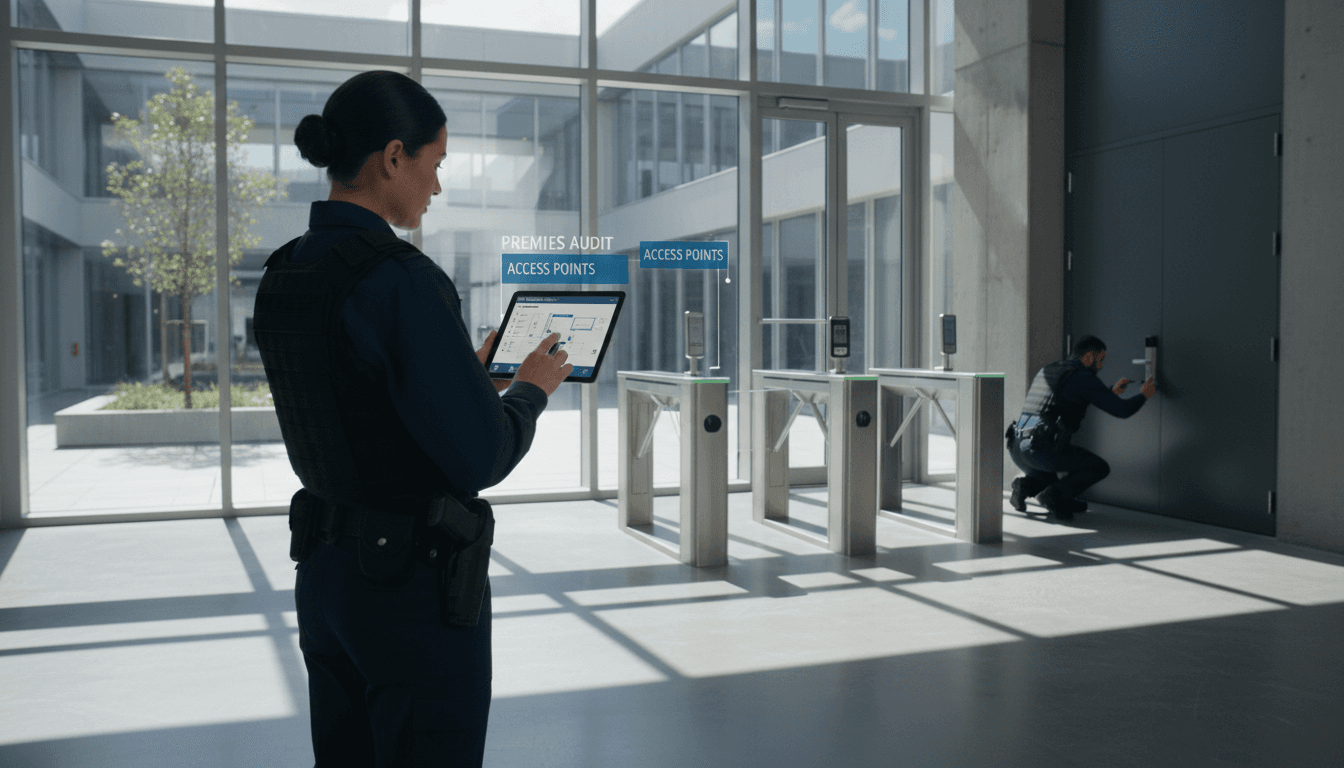 Security professional inspecting premises