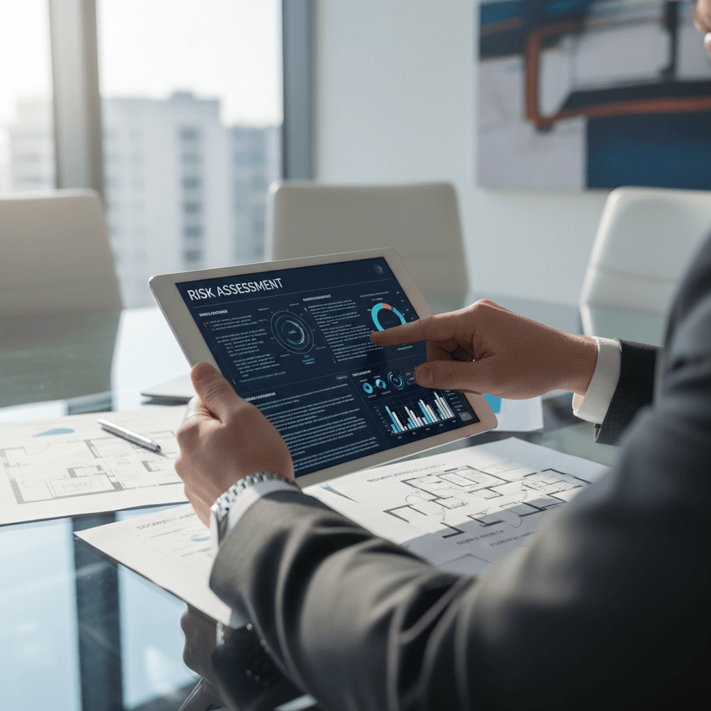 Security specialist reviewing plans