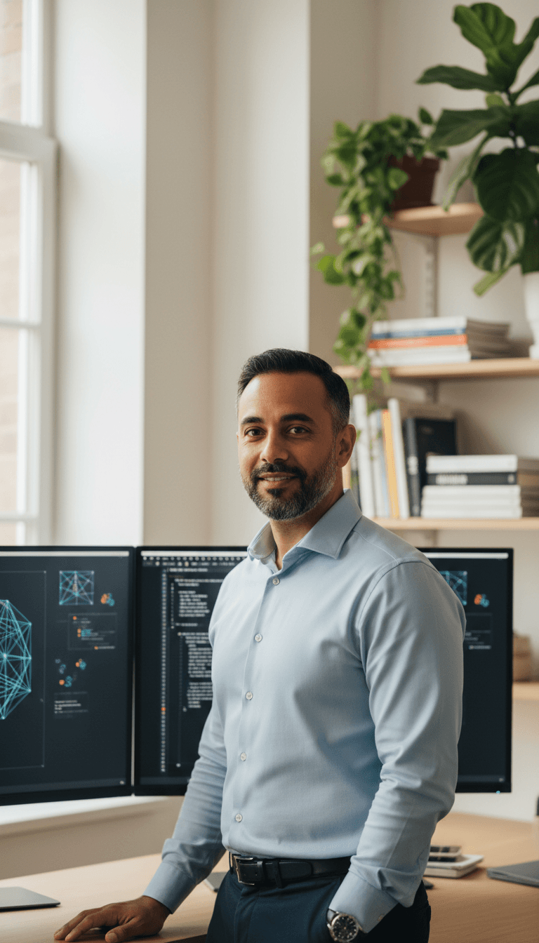 Portrait of focused male creator in casual-professional attire standing in creative workspace with monitors