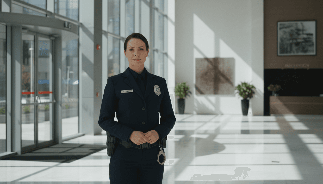 Professional security team in modern building lobby